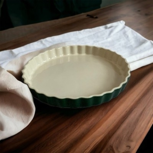 Vintage Emile Henry France Green Ceramic Pie Dish 11.5